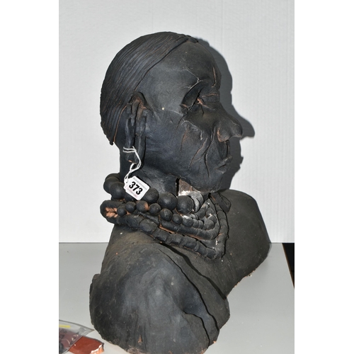 373 - TWO TRIBAL STYLE BUSTS, comprising a black painted red earthenware bust wearing earrings and beads, ... 