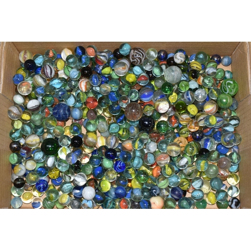 377 - A BOX OF GLASS MARBLES, assorted styles, colours and sizes, mixture of clear and milky glass example... 