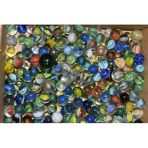 377 - A BOX OF GLASS MARBLES, assorted styles, colours and sizes, mixture of clear and milky glass example... 