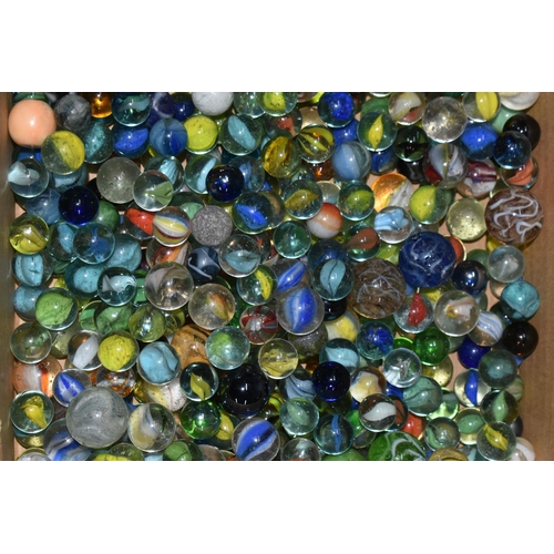 377 - A BOX OF GLASS MARBLES, assorted styles, colours and sizes, mixture of clear and milky glass example... 