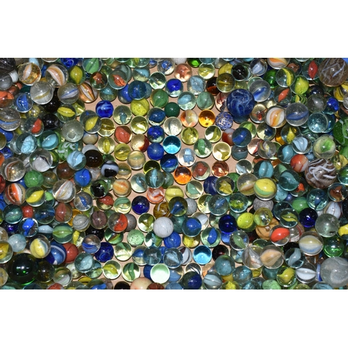 377 - A BOX OF GLASS MARBLES, assorted styles, colours and sizes, mixture of clear and milky glass example... 