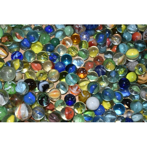 377 - A BOX OF GLASS MARBLES, assorted styles, colours and sizes, mixture of clear and milky glass example... 