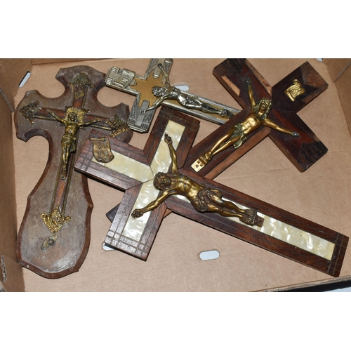 378 - A QUANTITY OF ASSORTED CRUCIFIXES, majority are wooden wall mounted examples (1 box)