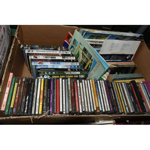 380 - FIVE BOXES OF BOOKS, RECORDS, CDS AND DVDS, to include approximately eighty books in hardback and pa... 