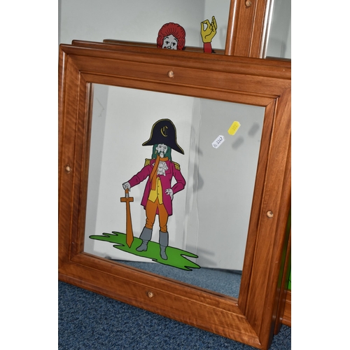 382 - FIVE WOODEN FRAMED MCDONALDS ADVERTISING MIRRORS, wall mounted mirrors all featuring McDonald's char... 