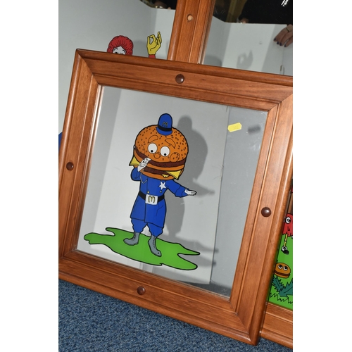 382 - FIVE WOODEN FRAMED MCDONALDS ADVERTISING MIRRORS, wall mounted mirrors all featuring McDonald's char... 