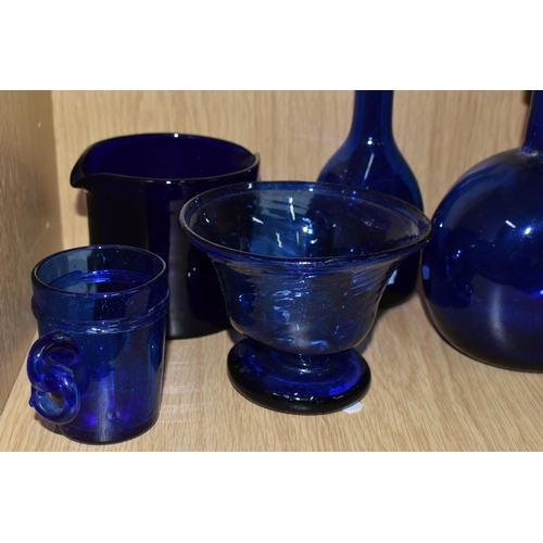 388 - A GROUP OF BRISTOL BLUE GLASSWARE, comprising a jug with pewter top and stopper, a footed bowl, a va... 