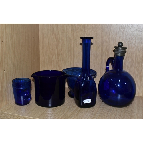 388 - A GROUP OF BRISTOL BLUE GLASSWARE, comprising a jug with pewter top and stopper, a footed bowl, a va... 