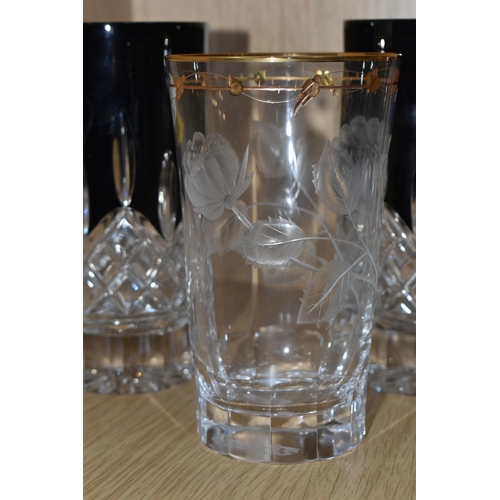 395 - TWO WATERFORD AND TWO MOSER TUMBLERS, comprising two Moser 'Paula' design tumblers decorated with br... 