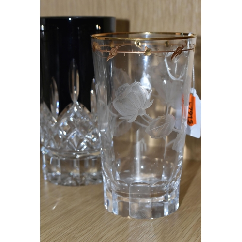 395 - TWO WATERFORD AND TWO MOSER TUMBLERS, comprising two Moser 'Paula' design tumblers decorated with br... 