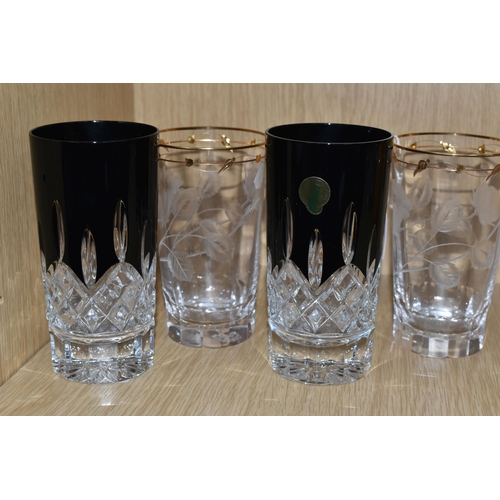 395 - TWO WATERFORD AND TWO MOSER TUMBLERS, comprising two Moser 'Paula' design tumblers decorated with br... 