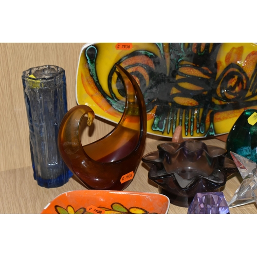 396 - A GROUP OF CERAMICS AND GLASS WARE, to include three pieces of Poole Pottery 'Delphis' range: a squa... 