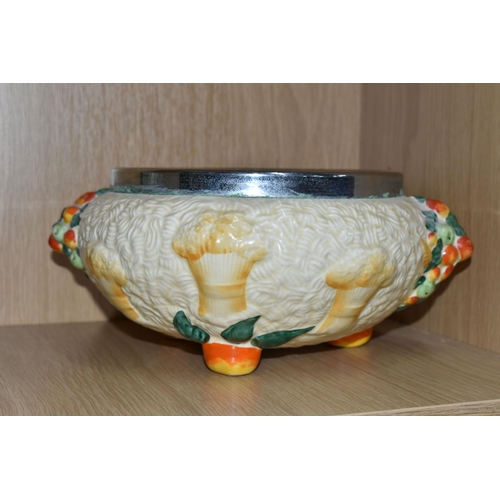 427 - A CLARICE CLIFF 'CELTIC HARVEST' FRUIT BOWL, moulded and painted with fruits and wheatsheaves on a t... 