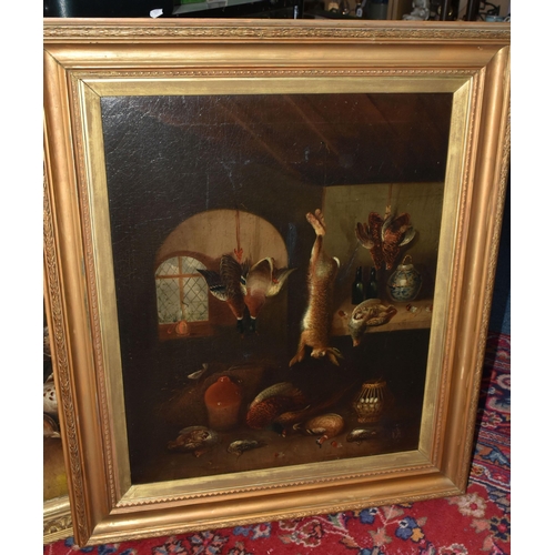 490 - AN UNSIGNED VICTORIAN STILL LIFE SCENE OF A PANTRY, depicting game birds and a rabbit, oil on canvas... 