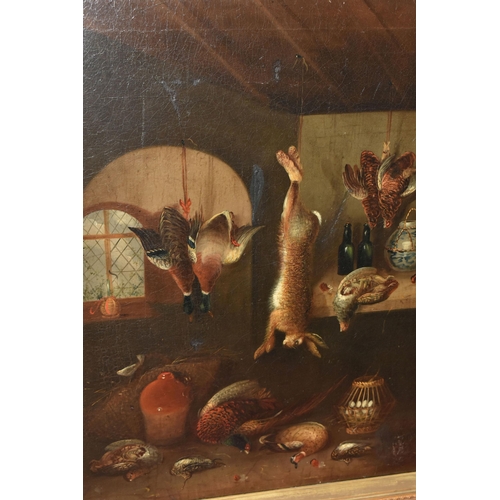 490 - AN UNSIGNED VICTORIAN STILL LIFE SCENE OF A PANTRY, depicting game birds and a rabbit, oil on canvas... 