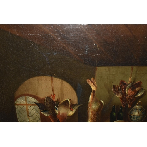 490 - AN UNSIGNED VICTORIAN STILL LIFE SCENE OF A PANTRY, depicting game birds and a rabbit, oil on canvas... 