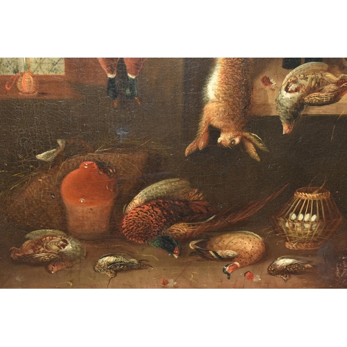 490 - AN UNSIGNED VICTORIAN STILL LIFE SCENE OF A PANTRY, depicting game birds and a rabbit, oil on canvas... 