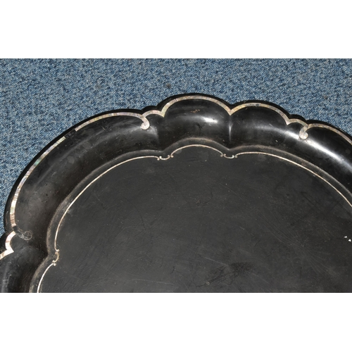 497 - TWO LATE VICTORIAN/TURN OF THE CENTURY PAPIER MACHE TRAYS to include one black with mother of pearl ... 