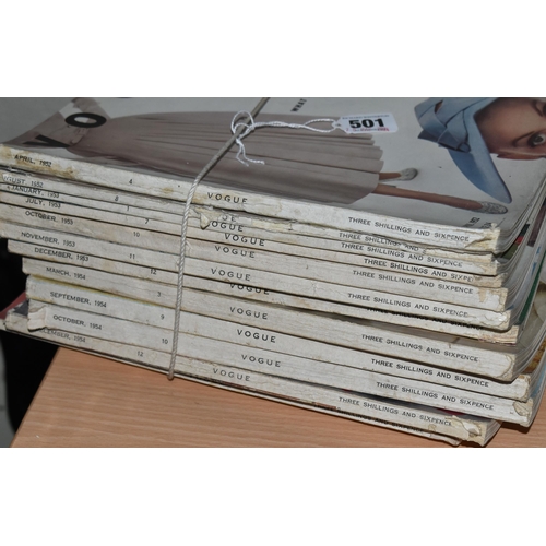 501 - TWELVE COPIES OF EARLY 1950'S VOGUE MAGAZINE, comprising 1952 - April & August, 1953 - January, July... 