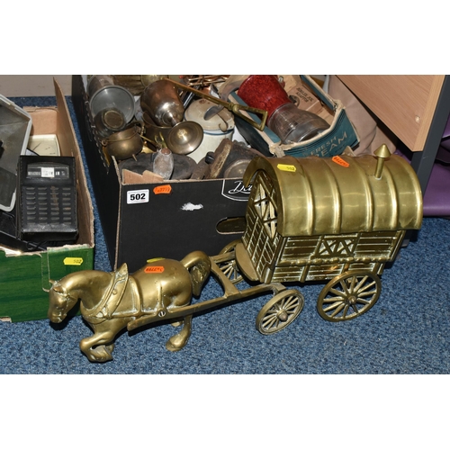 502 - TWO BOXES AND LOOSE METALWARES, CAMERA, AUDIO EQUIPMENT, ETC, including a brass horse and cart, part... 