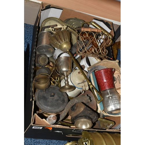 502 - TWO BOXES AND LOOSE METALWARES, CAMERA, AUDIO EQUIPMENT, ETC, including a brass horse and cart, part... 