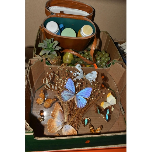 509 - SIX BOXES OF MIXED SUNDRIES to include a vintage 'Thermos' picnic bag including two plastic flasks a... 