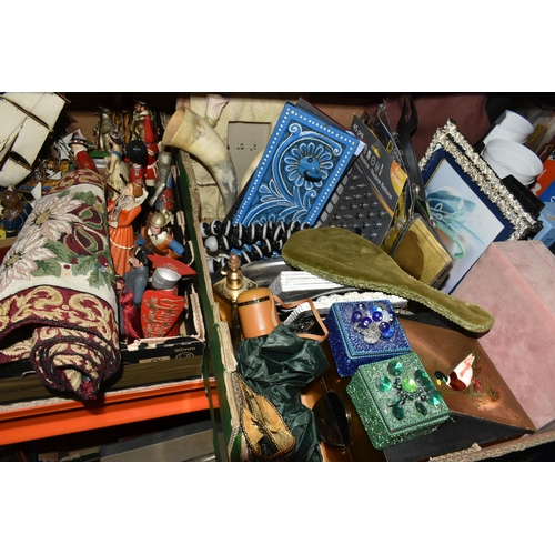 509 - SIX BOXES OF MIXED SUNDRIES to include a vintage 'Thermos' picnic bag including two plastic flasks a... 