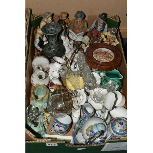 513 - TWO BOXES AND A LOOSE QUANTITIES OF CERAMIC ORNAMENTS, TABLEWARE, AND GLASSWARE including a pair of ... 