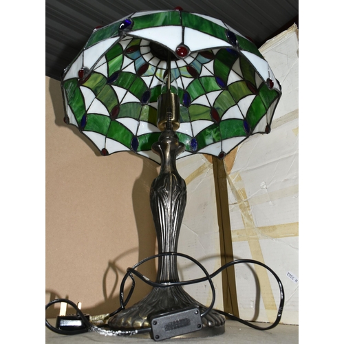 514 - A STAINED GLASS TIFFANY STYLE TABLE LAMP to include original box, zinc alloy body, 61cm height, with... 