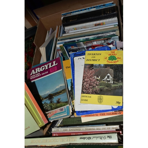 520 - FOUR BOXES AND A LOOSE QUANTITY OF MISCELLANEOUS SUNDRIES to include a variety of travel books, pamp... 