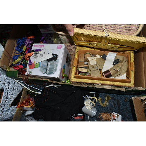 524 - A LARGE QUANTITY OF NEEDLEWORK, HOBBY EQUIPMENT, HOUSEHOLD SUNDRIES IN SIX BOXES AND LOOSE, includin... 