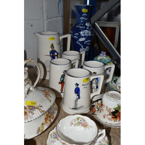 526 - A VARIETY OF PORCELAIN KITCHENWARE AND A VASE to include a 'Prunus' patterned vase with a 4 characte... 