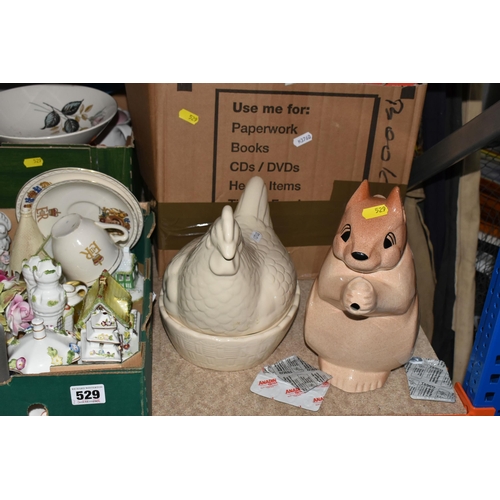 529 - FIVE BOXES OF CERAMICS, GLASSWARE, AND LPS to include a novelty ceramic squirrel tea pot, and Masons... 