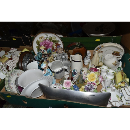 529 - FIVE BOXES OF CERAMICS, GLASSWARE, AND LPS to include a novelty ceramic squirrel tea pot, and Masons... 