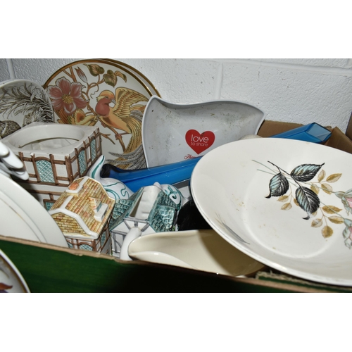 FIVE BOXES OF CERAMICS, GLASSWARE, AND LPS to include a novelty ceramic ...