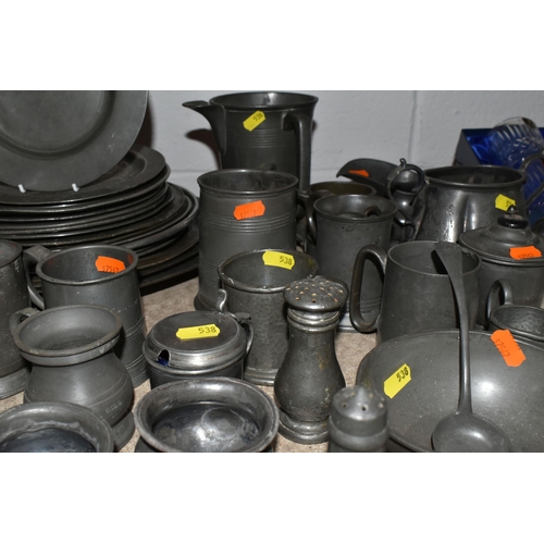 538 - A LARGE QUANTITY OF PEWTER KITCHENWARE from a variety of manufacturers including 'Dixon & Son,' 'Jam... 