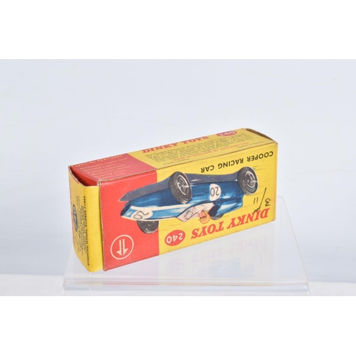 1 - TWO BOXED DINKY TOYS RACING CARS, Cooper, No.240, blue body with white stripe, RN20, driver with yel... 