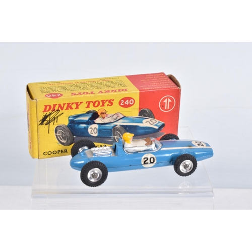 1 - TWO BOXED DINKY TOYS RACING CARS, Cooper, No.240, blue body with white stripe, RN20, driver with yel... 