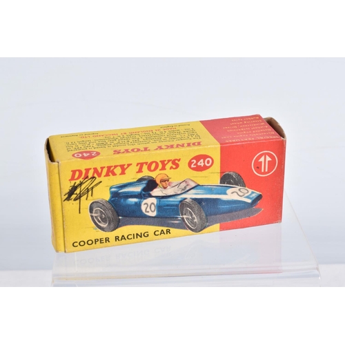 1 - TWO BOXED DINKY TOYS RACING CARS, Cooper, No.240, blue body with white stripe, RN20, driver with yel... 