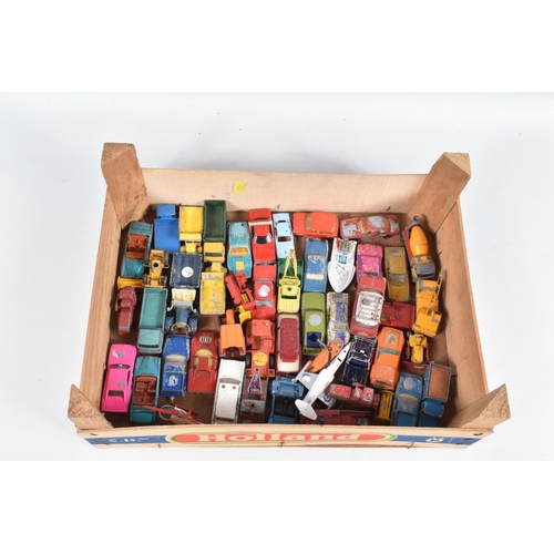 17 - TWO WOODEN FRUIT BOXES CONTAINING PLAYWORN DIE CAST VEHICLES, to include Dinky Range rover missing w... 