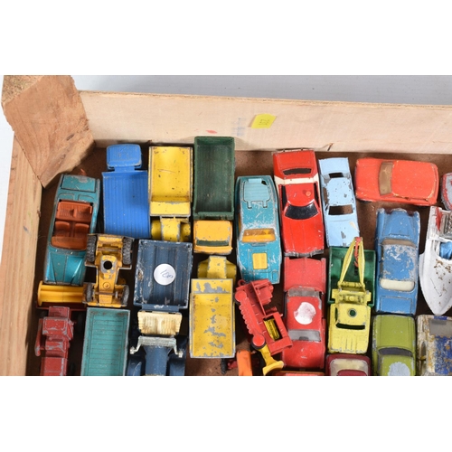 17 - TWO WOODEN FRUIT BOXES CONTAINING PLAYWORN DIE CAST VEHICLES, to include Dinky Range rover missing w... 