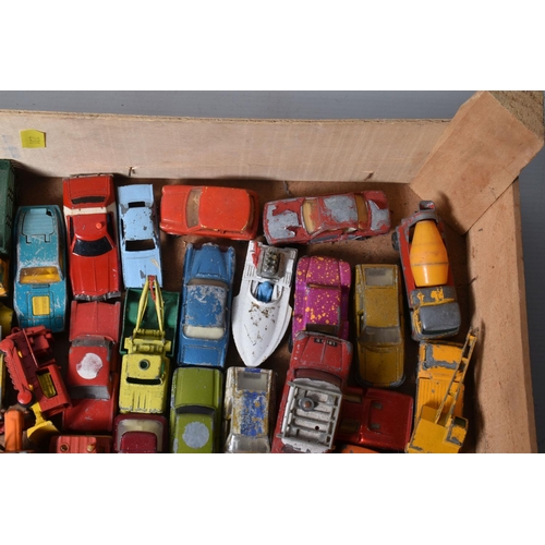 17 - TWO WOODEN FRUIT BOXES CONTAINING PLAYWORN DIE CAST VEHICLES, to include Dinky Range rover missing w... 