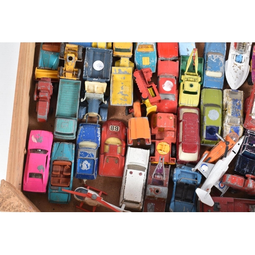 17 - TWO WOODEN FRUIT BOXES CONTAINING PLAYWORN DIE CAST VEHICLES, to include Dinky Range rover missing w... 