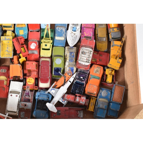 17 - TWO WOODEN FRUIT BOXES CONTAINING PLAYWORN DIE CAST VEHICLES, to include Dinky Range rover missing w... 