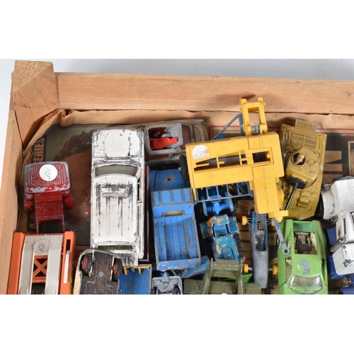 17 - TWO WOODEN FRUIT BOXES CONTAINING PLAYWORN DIE CAST VEHICLES, to include Dinky Range rover missing w... 