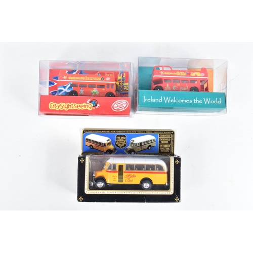 23 - A QUANTITY OF ASSORTED BOXED DIECAST BUS, COACH AND TRAM MODELS, Dinky Toys Leyland Atlantean Silver... 