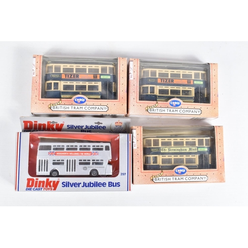 23 - A QUANTITY OF ASSORTED BOXED DIECAST BUS, COACH AND TRAM MODELS, Dinky Toys Leyland Atlantean Silver... 