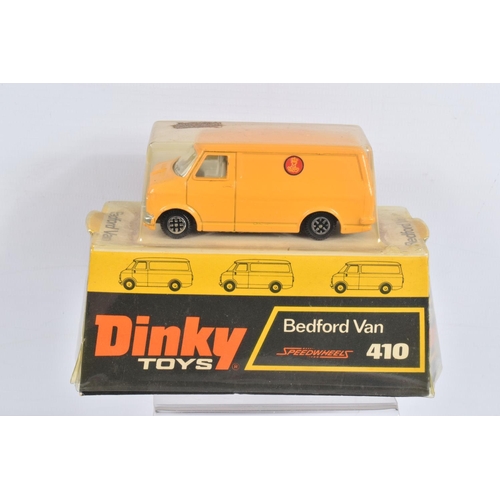 3 - SEVEN BOXED LATER ISSUE DINKY TOYS VEHICLES, Bedford CF Vans, 'Danish Post', No.410, 'John Menzies',... 