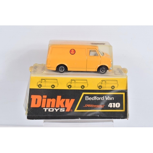 3 - SEVEN BOXED LATER ISSUE DINKY TOYS VEHICLES, Bedford CF Vans, 'Danish Post', No.410, 'John Menzies',... 