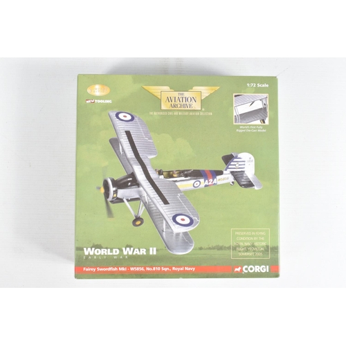 42 - FIVE BOXED 1/72 SCALE DIECAST CORGI AVIATION ARCHIVE MODEL AIRCRAFTS, the first a Gloster Gladiator ... 